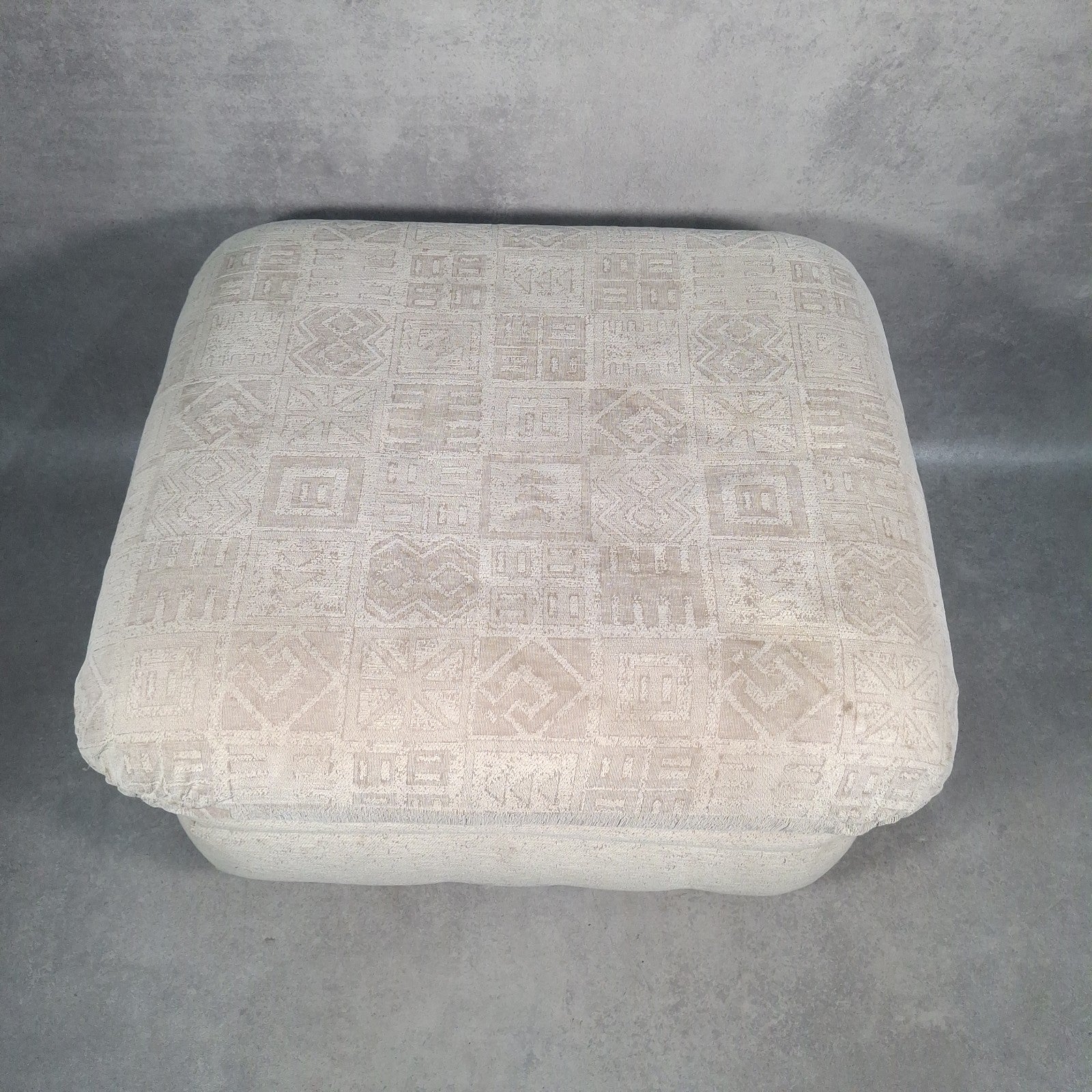 Footstool Pouffe Ottoman Geometric Pattern Fabric 80s 90s Upholstered VTG Beige