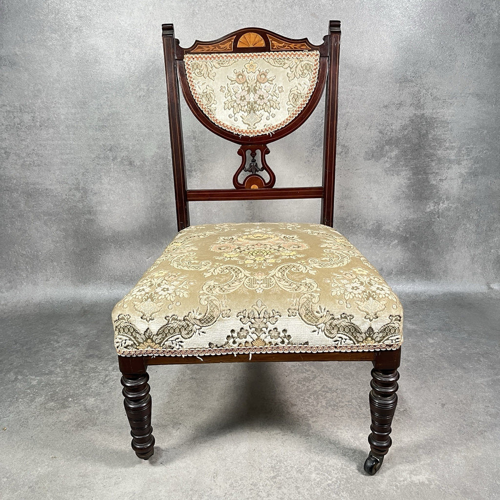 Edwardian Inlaid Mahogany Bedroom Chair | Satinwood Fan Motif | Floral Upholstery | Castors | c.1900 | Used