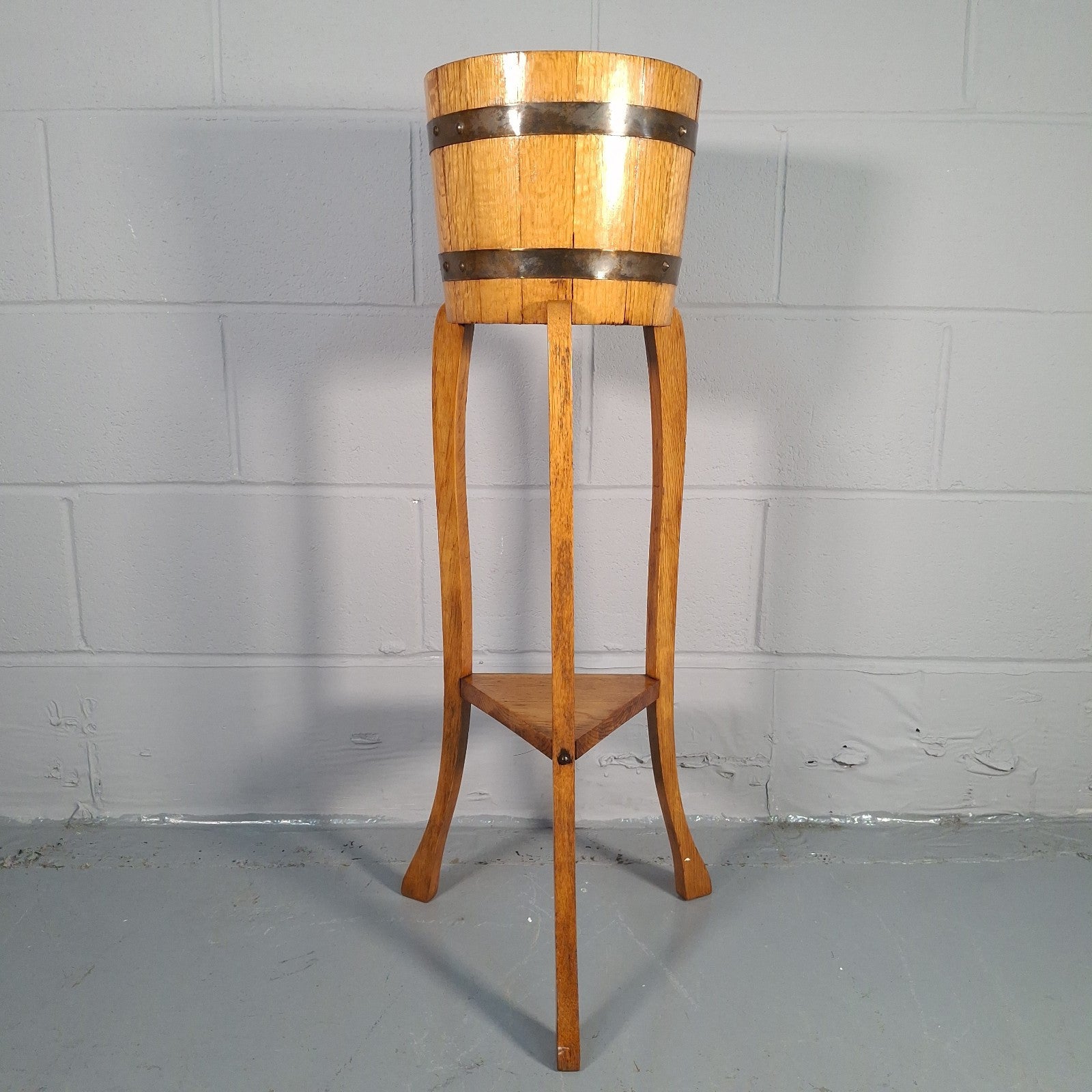 Wood & Brass Bound Plant Stand - Barrel Jardiniere R.A. Lister & Co Vintage Prop