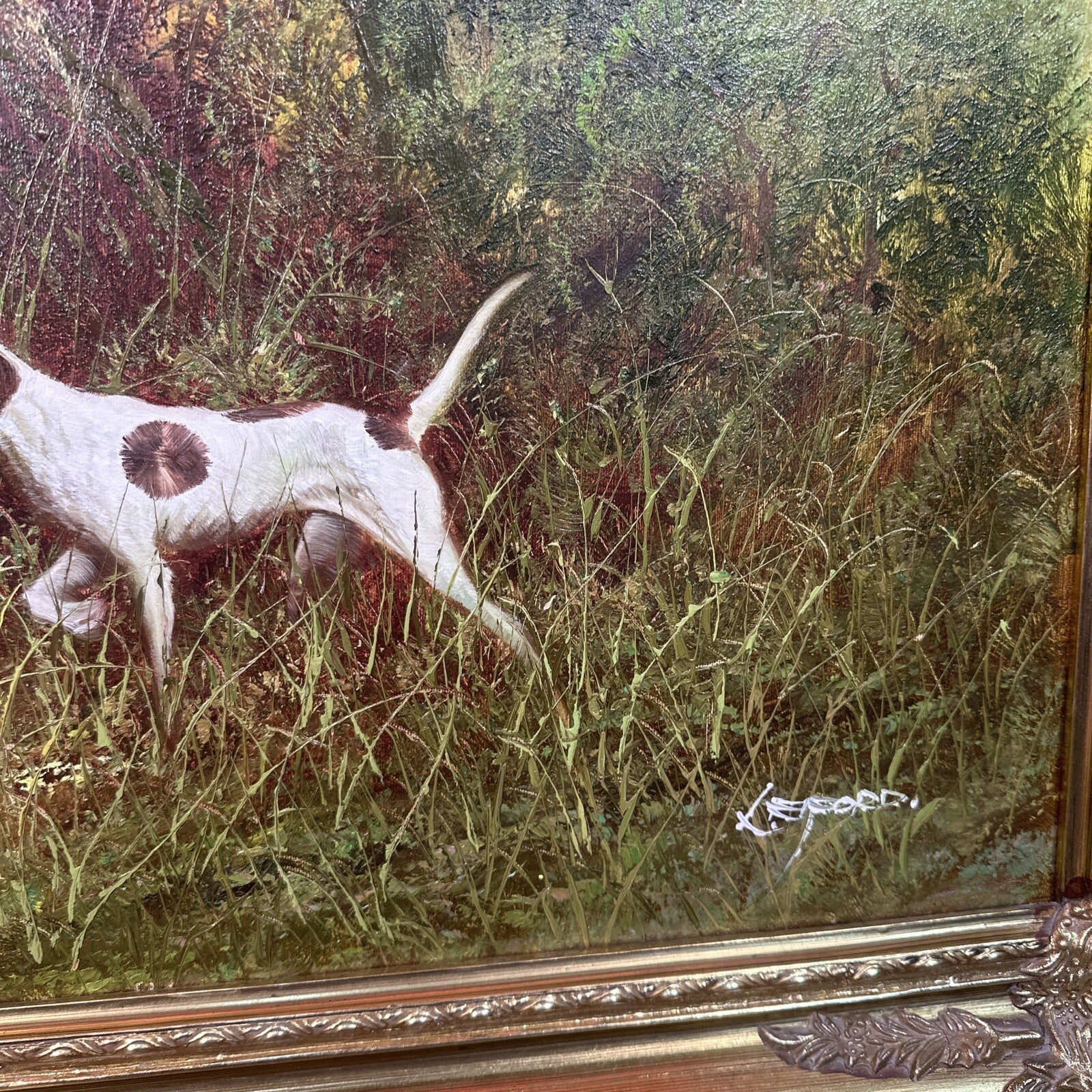 Large Signed Oil on Canvas Hunting Scene | Dog & Pheasants by L. Eiford | Framed | Vintage Art