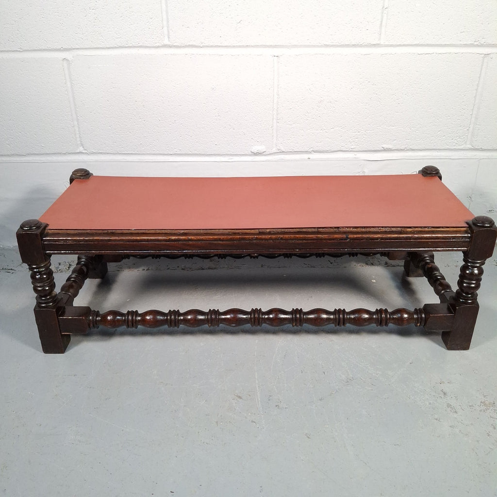 Antique Victorian Mahogany Footstool Plant Stand Turned Wood Small Table Red Top