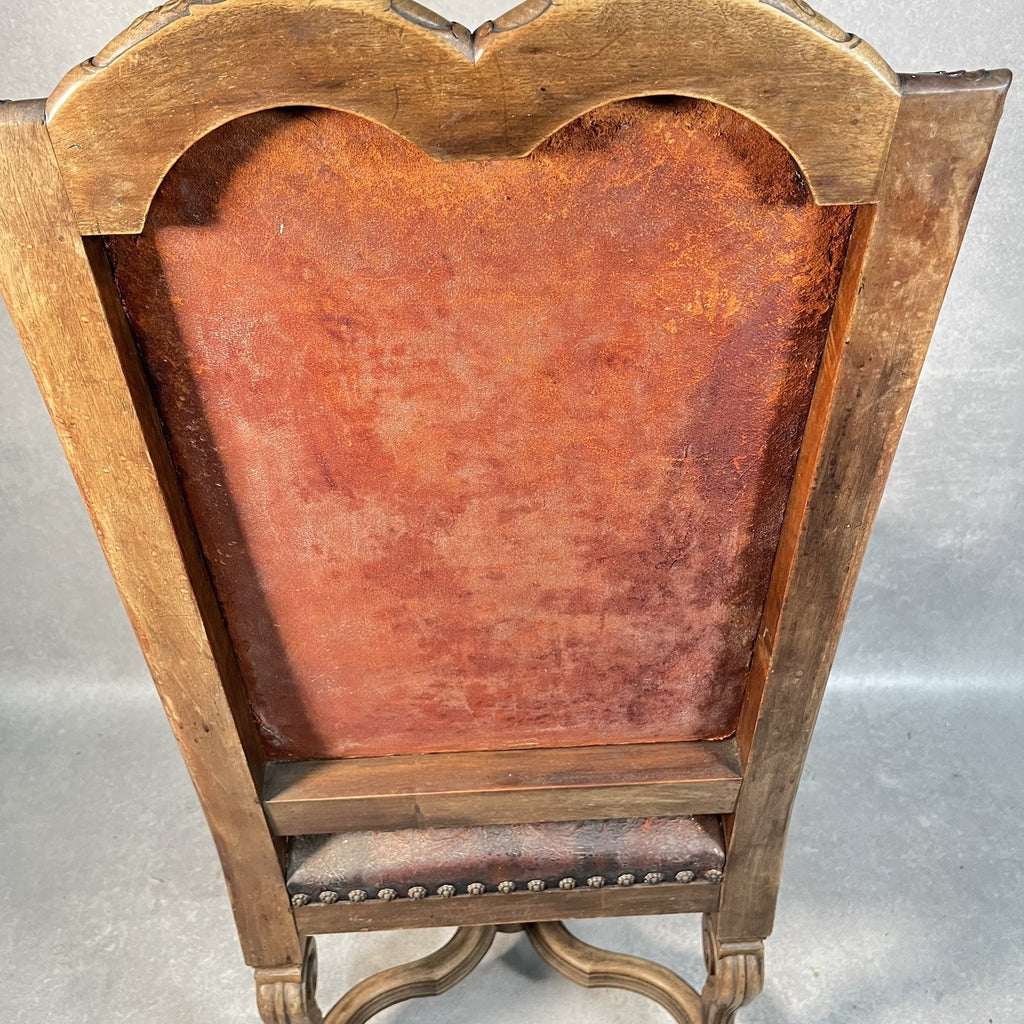 Antique Victorian Renaissance Revival Oak Hall Chair c.1880s Tooled Leather Seat