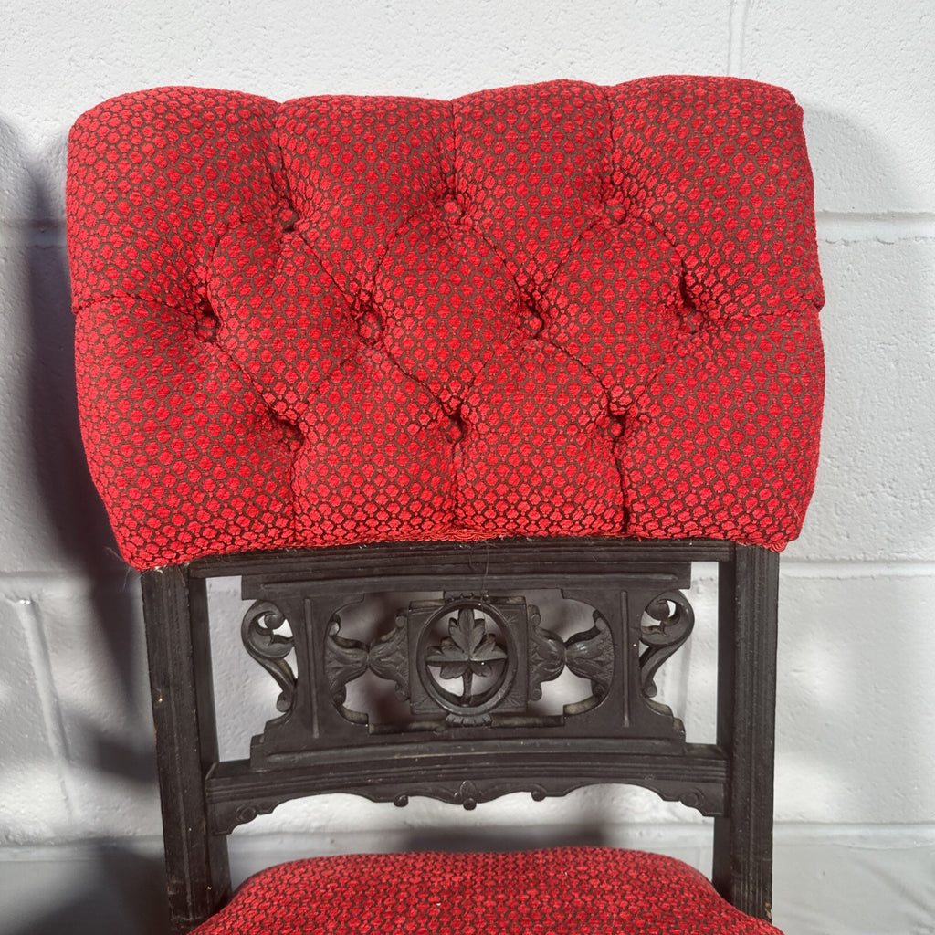 Pair of Antique Carved Nursing Chairs | Black Painted | Red Upholstery | Castors