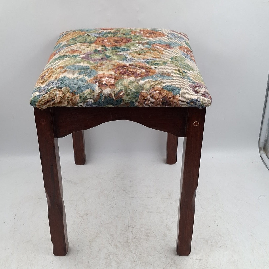 Floral Tapestry Upholstered Mahogany Footstool - Queen Anne Style - Cabriole Legs - Vintage - Pre-Owned