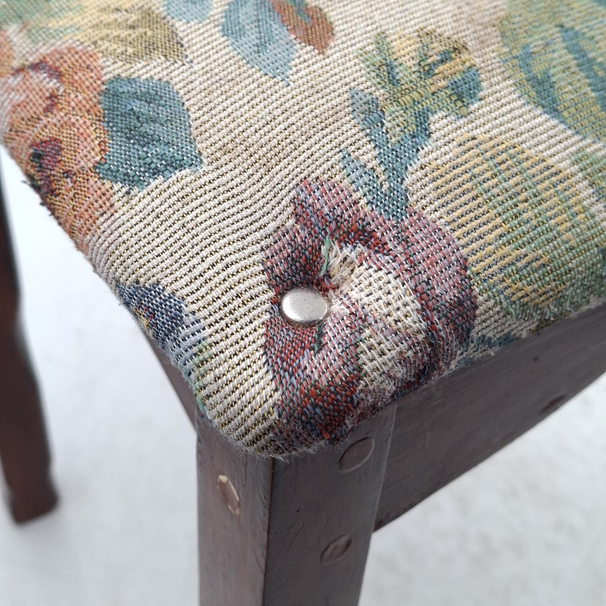 Floral Tapestry Upholstered Mahogany Footstool - Queen Anne Style - Cabriole Legs - Vintage - Pre-Owned