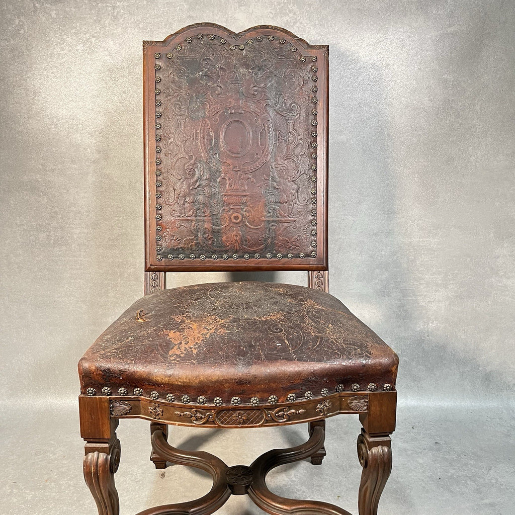 Antique Victorian Renaissance Revival Oak Hall Chair c.1880s Tooled Leather Seat
