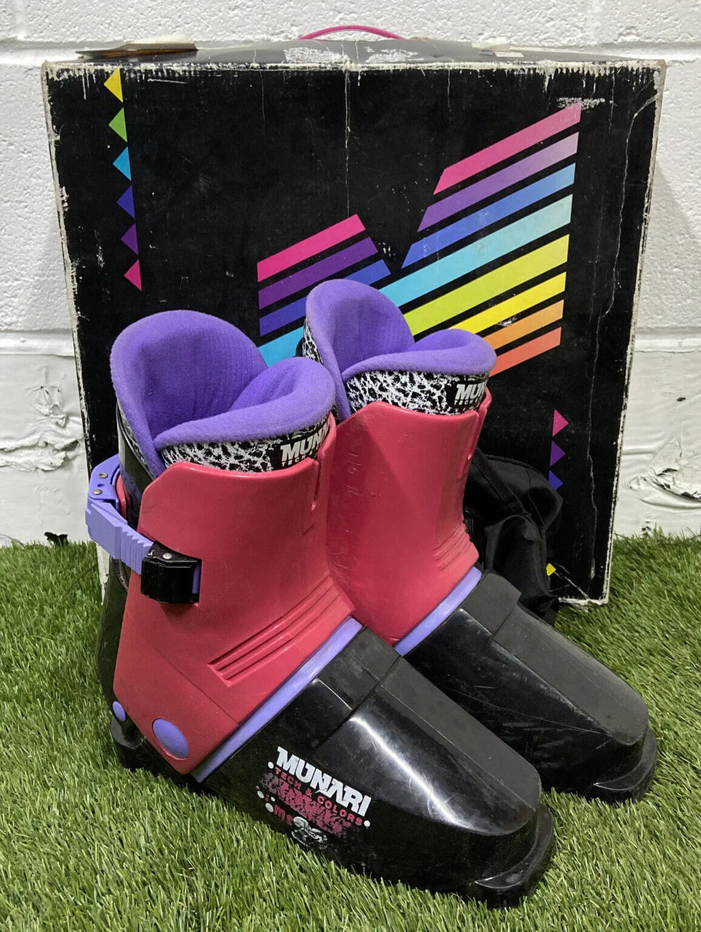 Munari Tech Color MS 22 Vintage 1990s Ski Boots - Black, Rubin & Violet - MP 25 / UK 6.5 - Made in Italy - Boxed