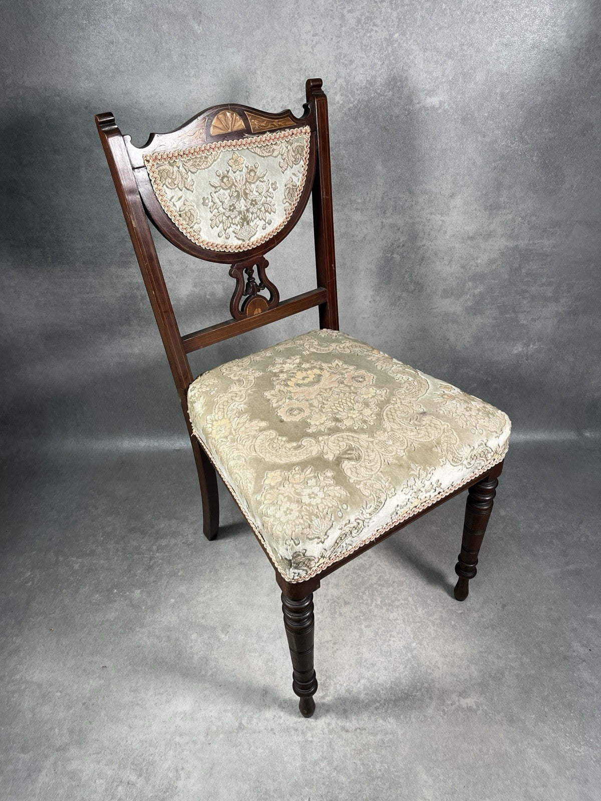 Edwardian Inlaid Mahogany Chair | Satinwood Fan Motif | Floral Upholstery | c.1900 | Antique | Used