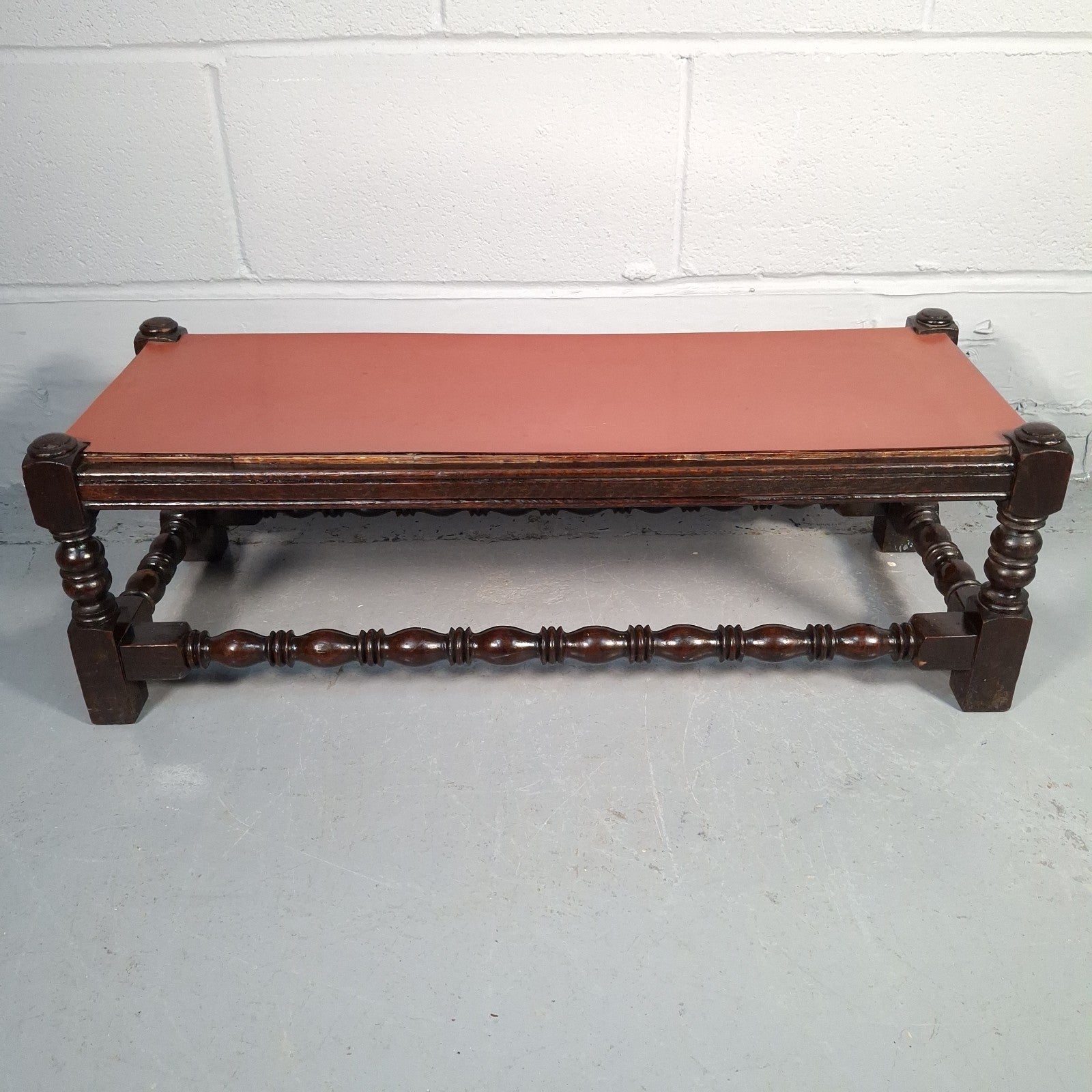 Antique Victorian Mahogany Footstool Plant Stand Turned Wood Small Table Red Top