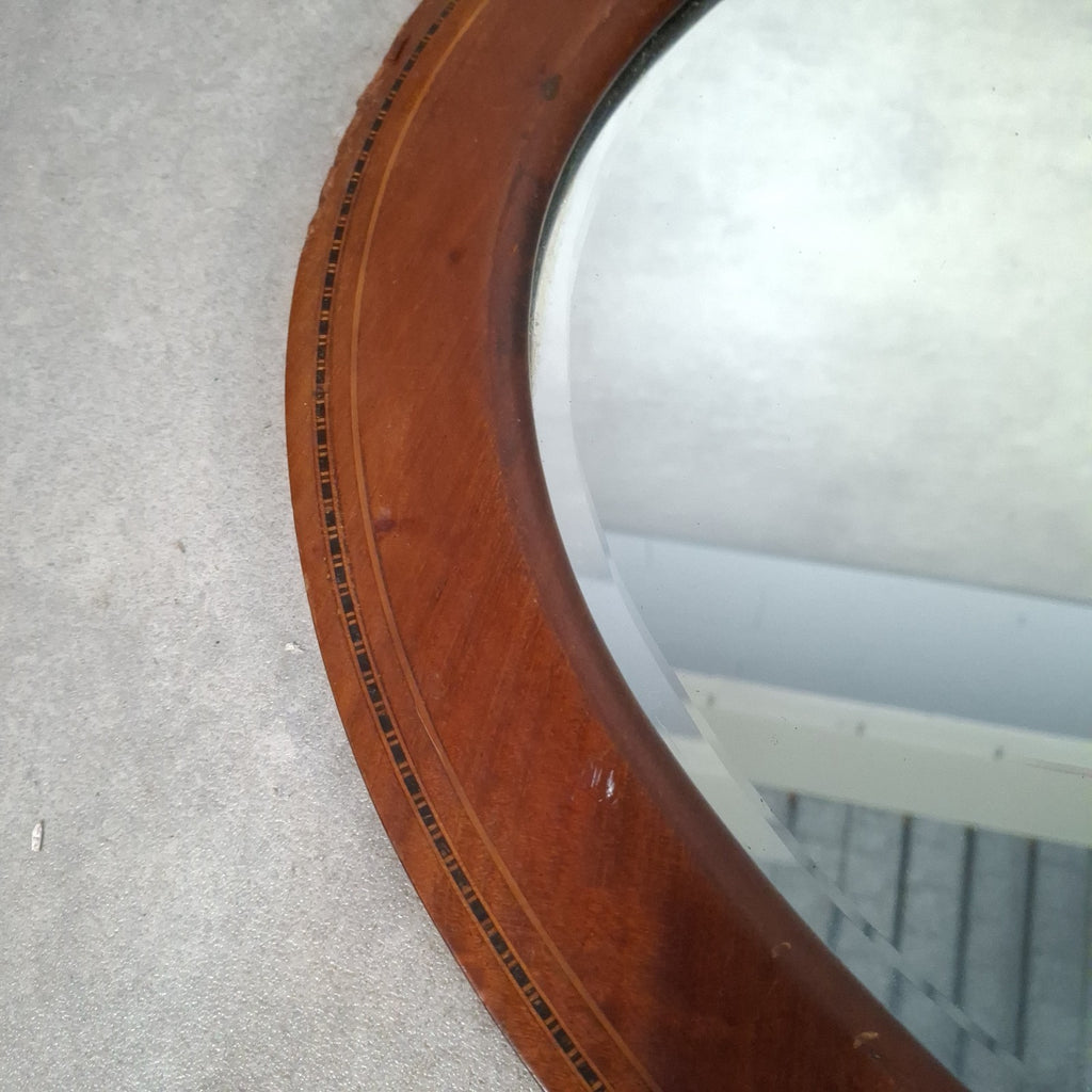 Antique Edwardian Oval Bevelled Wall Mirror | Inlaid Mahogany Frame | c.1900s | 85cm | Used