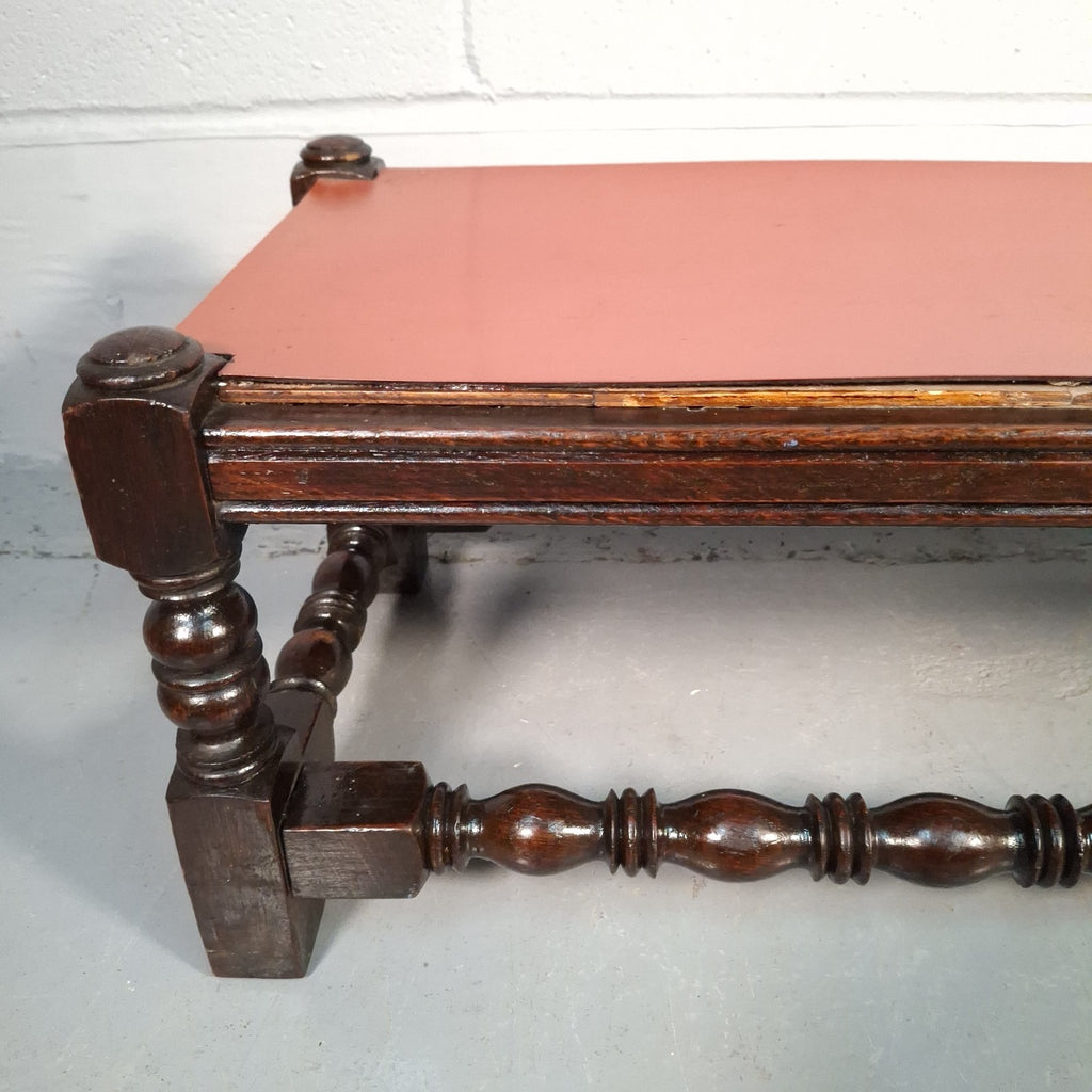 Antique Victorian Mahogany Footstool Plant Stand Turned Wood Small Table Red Top