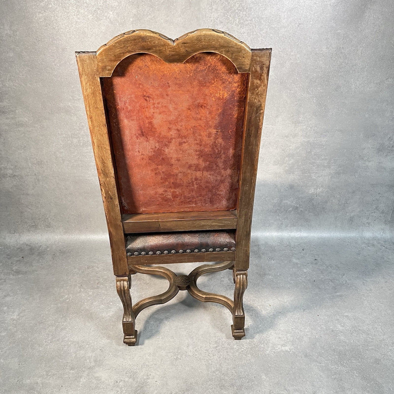 Antique Victorian Renaissance Revival Oak Hall Chair c.1880s Tooled Leather Seat