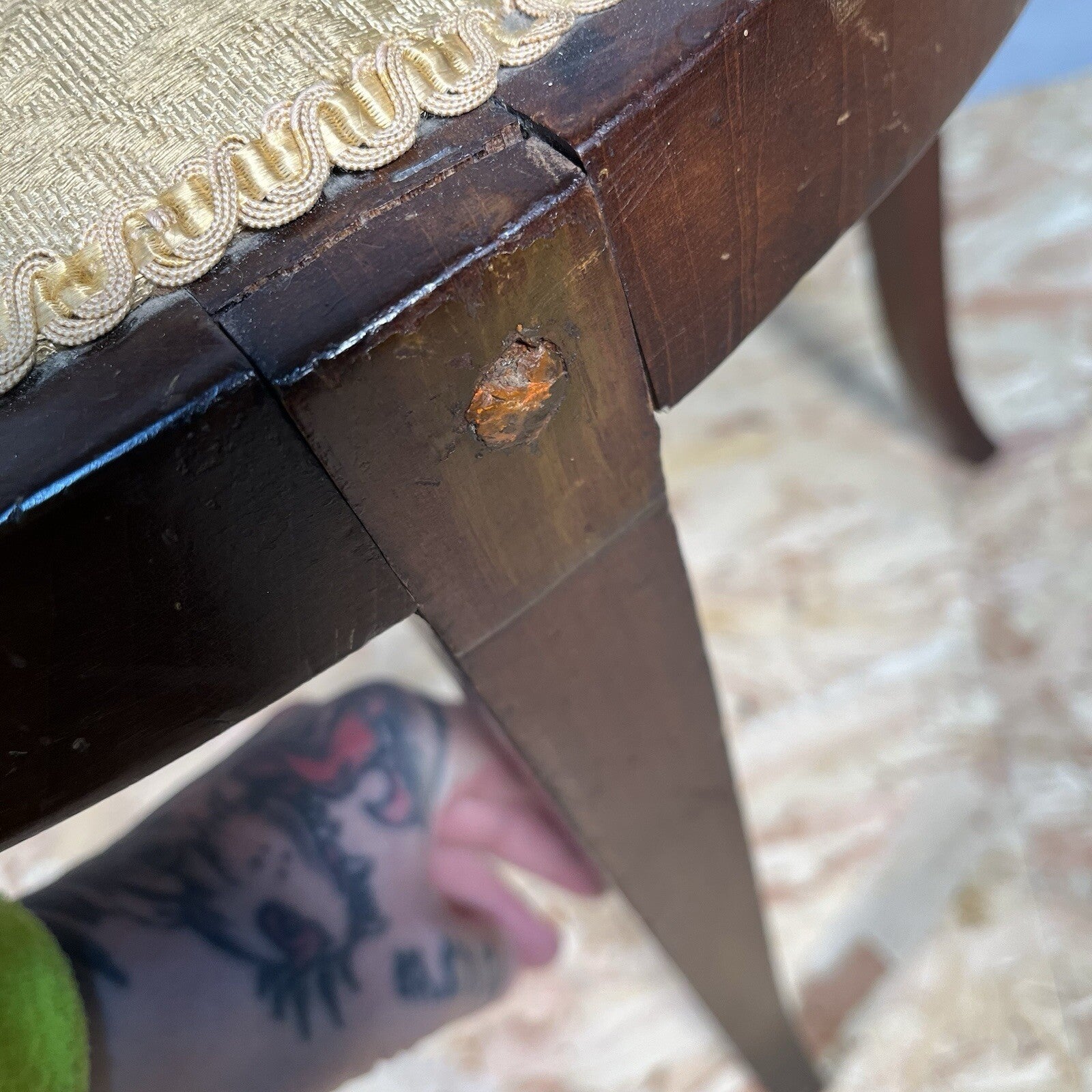 Edwardian Mahogany Upholstered Corner Chair | Oval Base | Antique | Used | Needs Repair