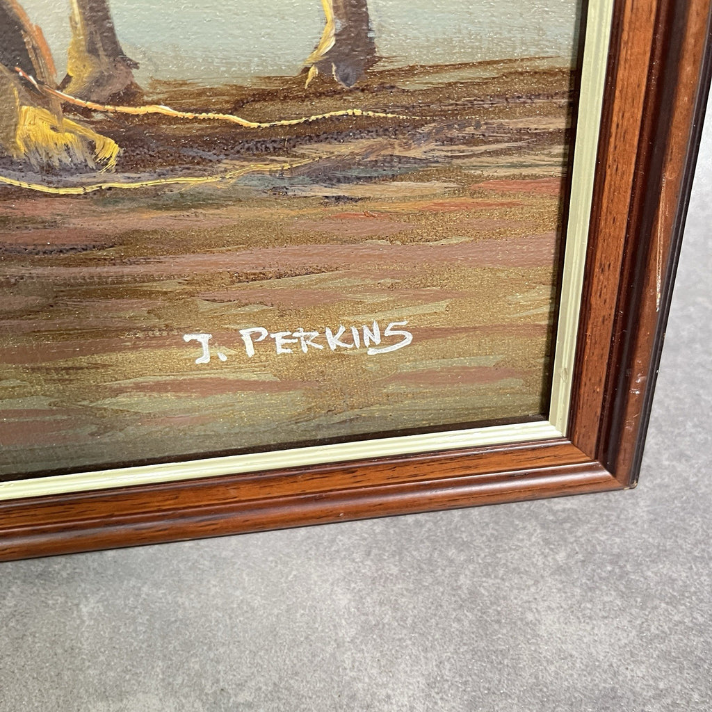 Signed Original Painting on Board | Desert Camel Scene with Travellers | J. Perkins | Framed | Used