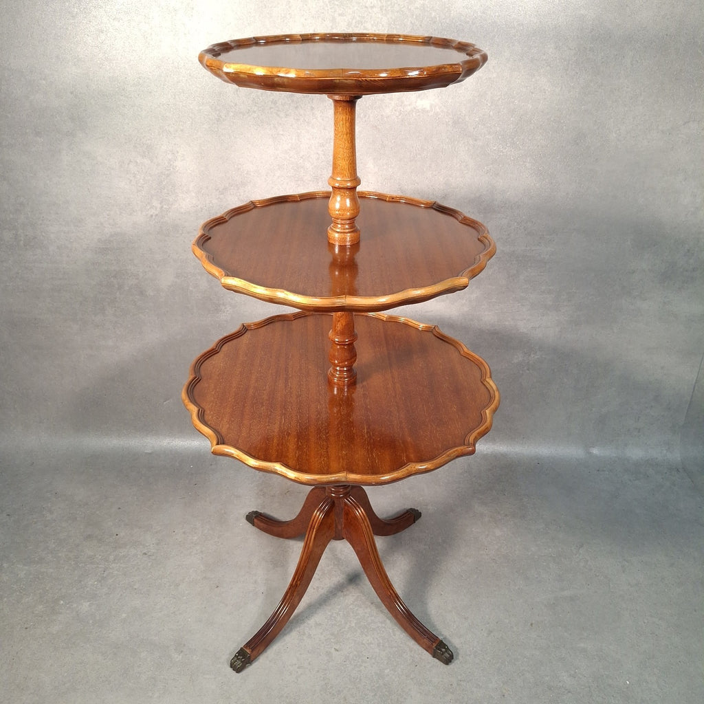 Vintage Reproduction Dumb Waiter Tiered Occasional Table | Solid Wood | Brass Lion Paw Feet | Used