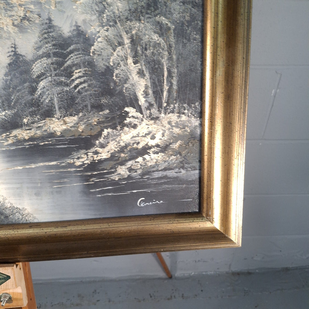 Painting Moody Winter Landscape Woodland Mountain Oil On Canvas Signed Louise