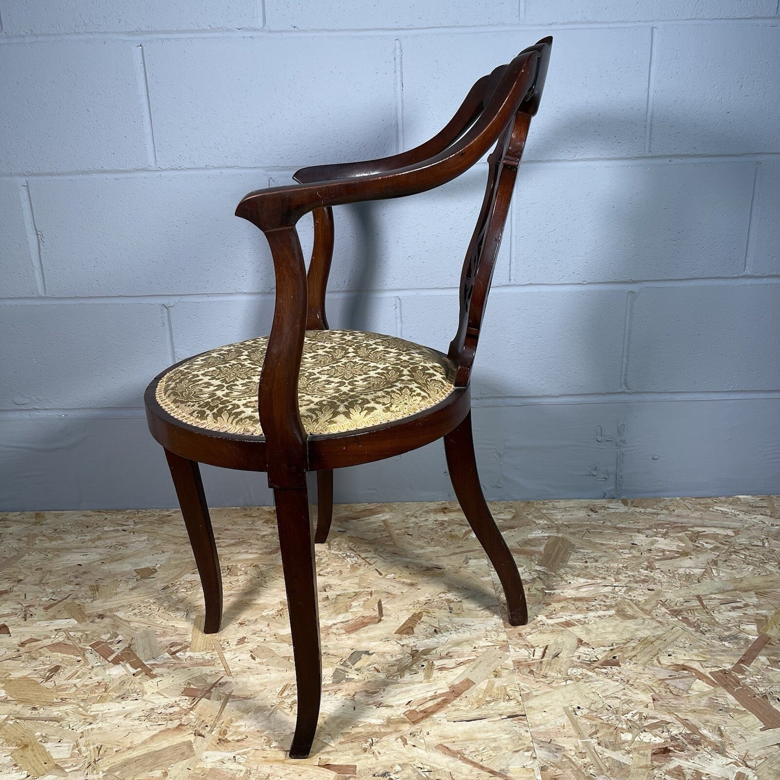 Edwardian Mahogany Upholstered Corner Chair | Oval Base | Antique | Used | Needs Repair