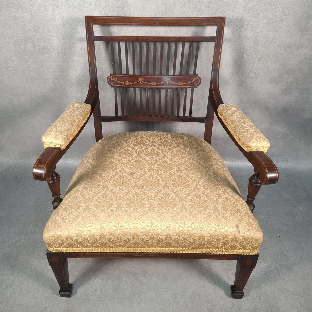 Edwardian Mahogany Elbow Armchair | Inlaid Back | Cut-Down Legs | Restoration Project | Used