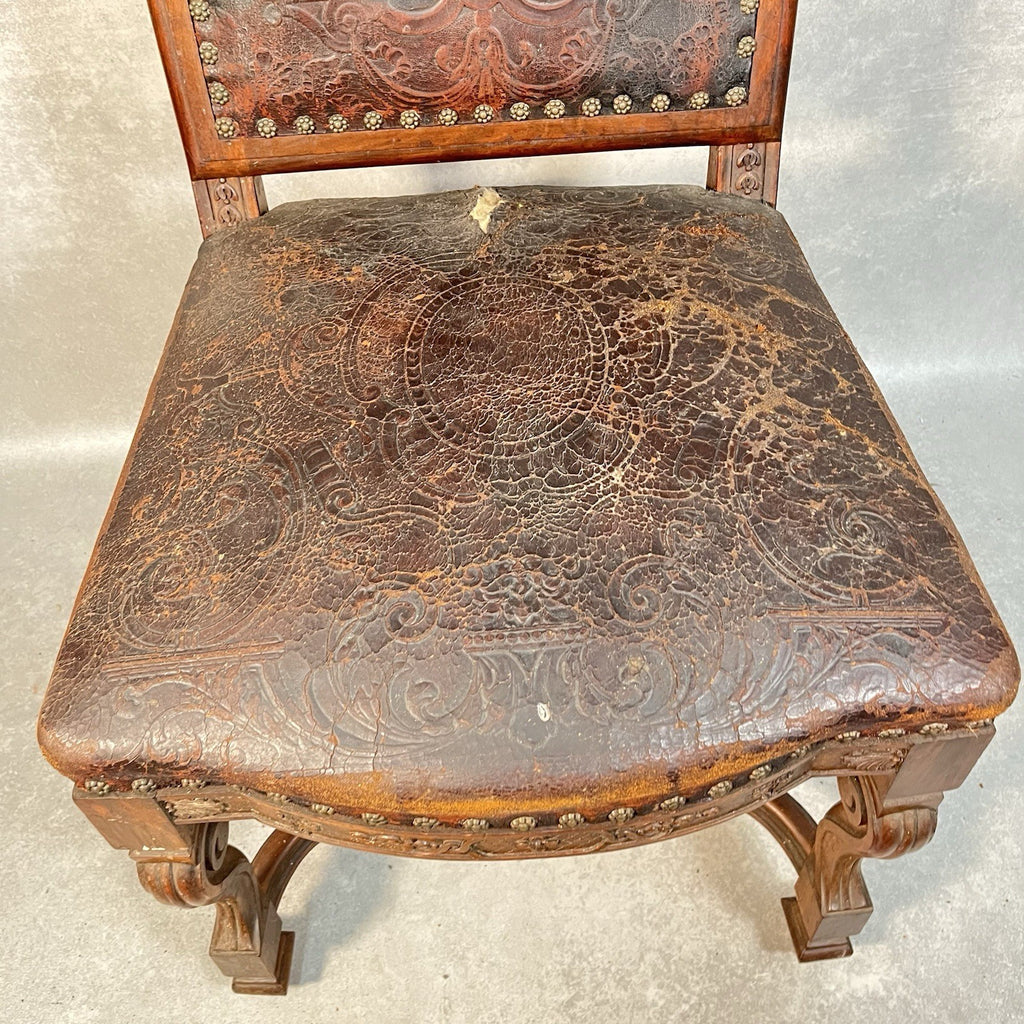 Antique Victorian Renaissance Revival Oak Hall Chair c.1880s Tooled Leather Seat