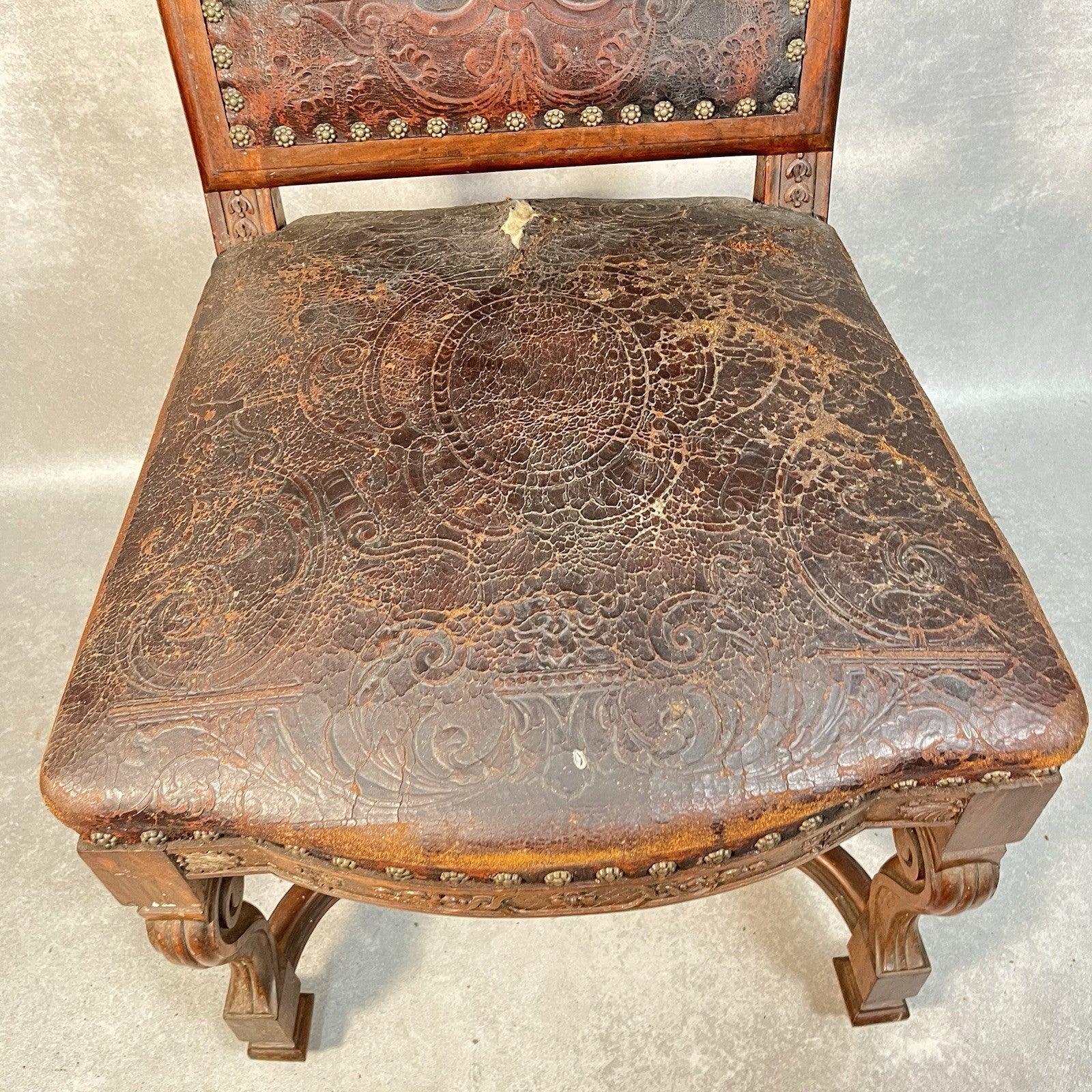Antique Victorian Renaissance Revival Oak Hall Chair c.1880s Tooled Leather Seat