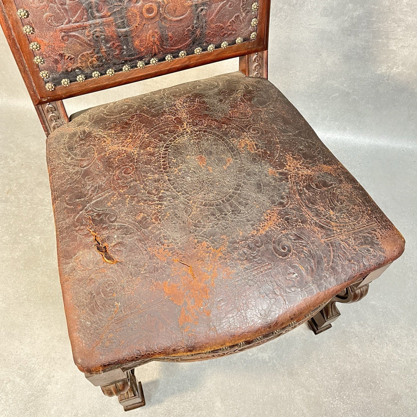 Antique Victorian Renaissance Revival Oak Hall Chair c.1880s Tooled Leather Seat
