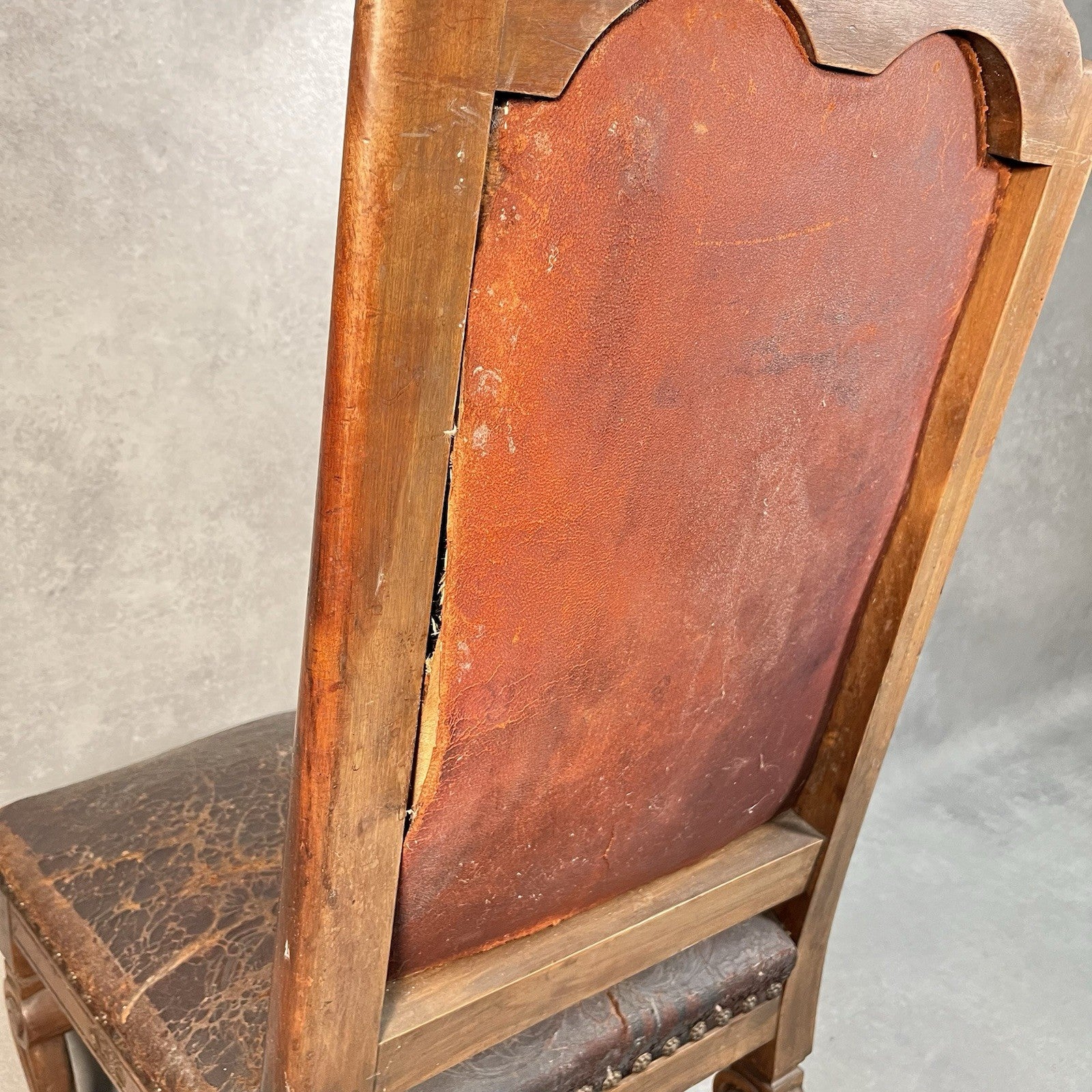Antique Victorian Renaissance Revival Oak Hall Chair c.1880s Tooled Leather Seat