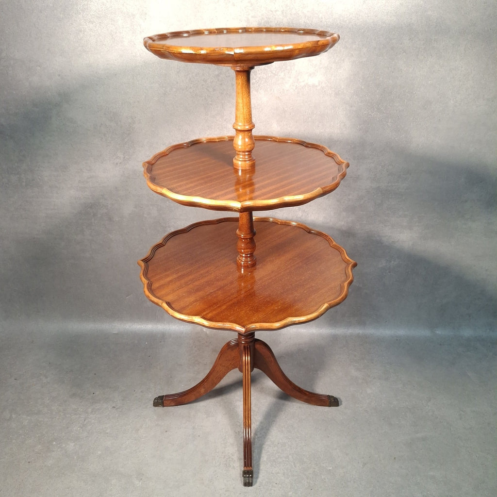Vintage Reproduction Dumb Waiter Tiered Occasional Table | Solid Wood | Brass Lion Paw Feet | Used