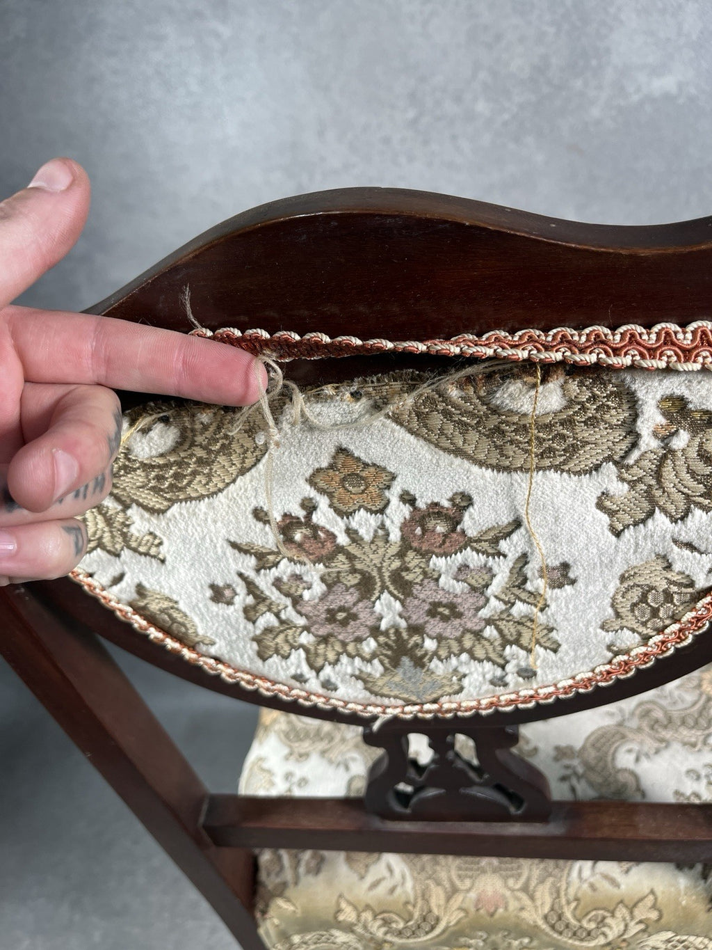 Edwardian Inlaid Mahogany Chair | Satinwood Fan Motif | Floral Upholstery | c.1900 | Antique | Used