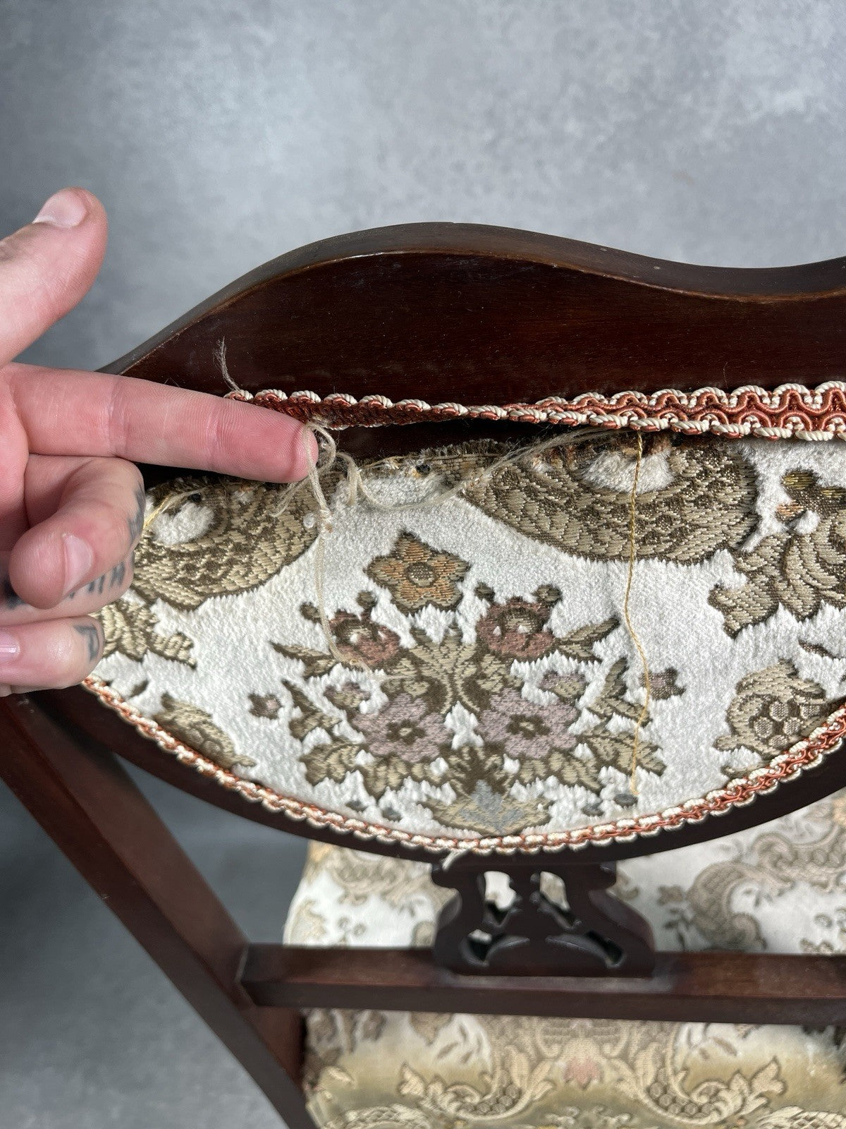 Edwardian Inlaid Mahogany Chair | Satinwood Fan Motif | Floral Upholstery | c.1900 | Antique | Used