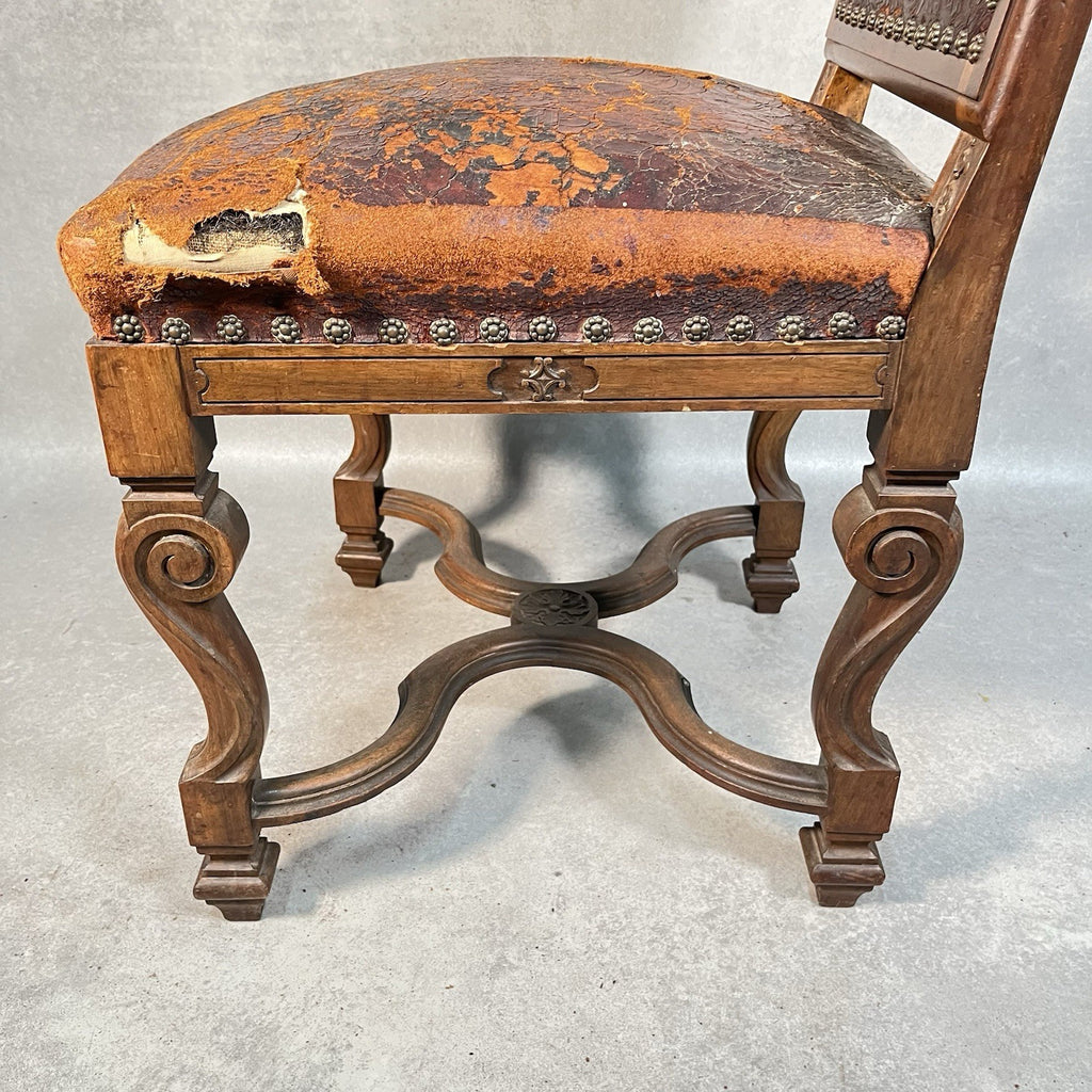 Antique Victorian Renaissance Revival Oak Hall Chair c.1880s Tooled Leather Seat