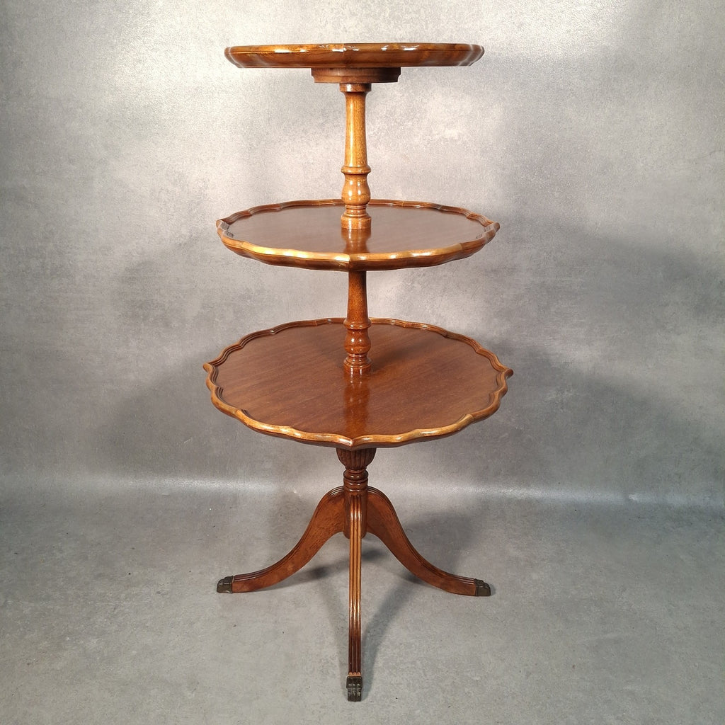 Vintage Reproduction Dumb Waiter Tiered Occasional Table | Solid Wood | Brass Lion Paw Feet | Used
