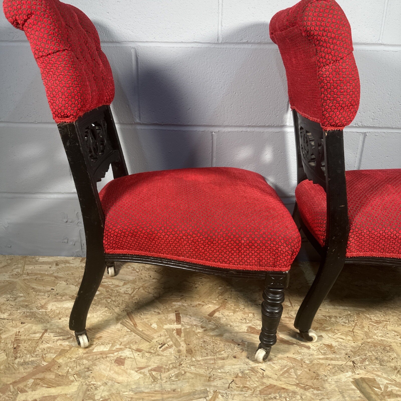 Pair of Antique Carved Nursing Chairs | Black Painted | Red Upholstery | Castors