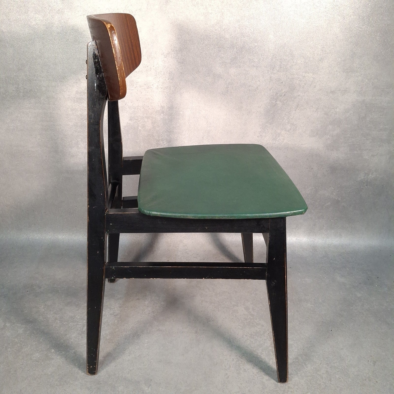 Vintage 1960s Mid-Century School Chair | Green Vinyl Seat & Bent Ply Backrest | Black Frame | Used