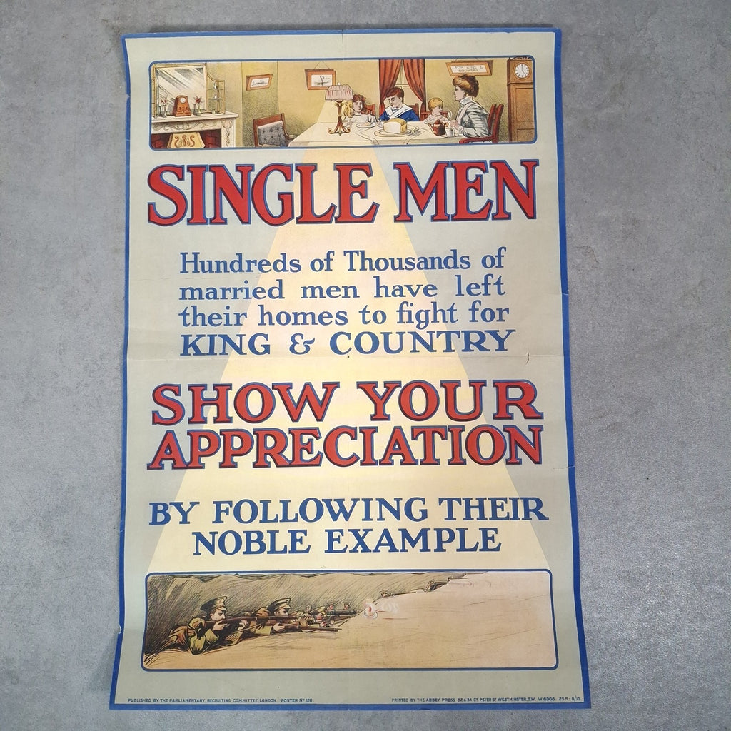 Very Rare Original 1915 WW1 British Propaganda Recruitment Poster Single Men