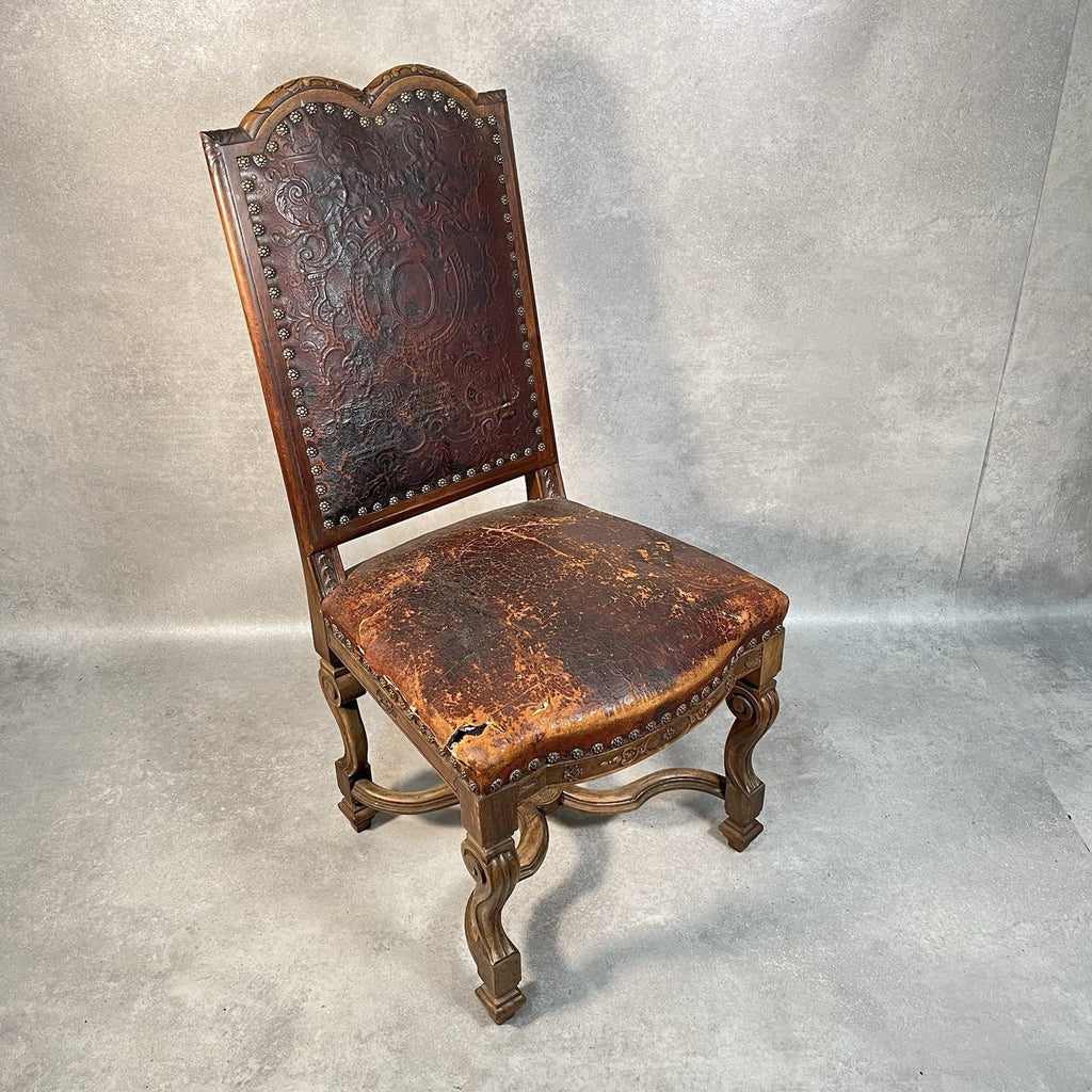 Antique Victorian Renaissance Revival Oak Hall Chair c.1880s Tooled Leather Seat