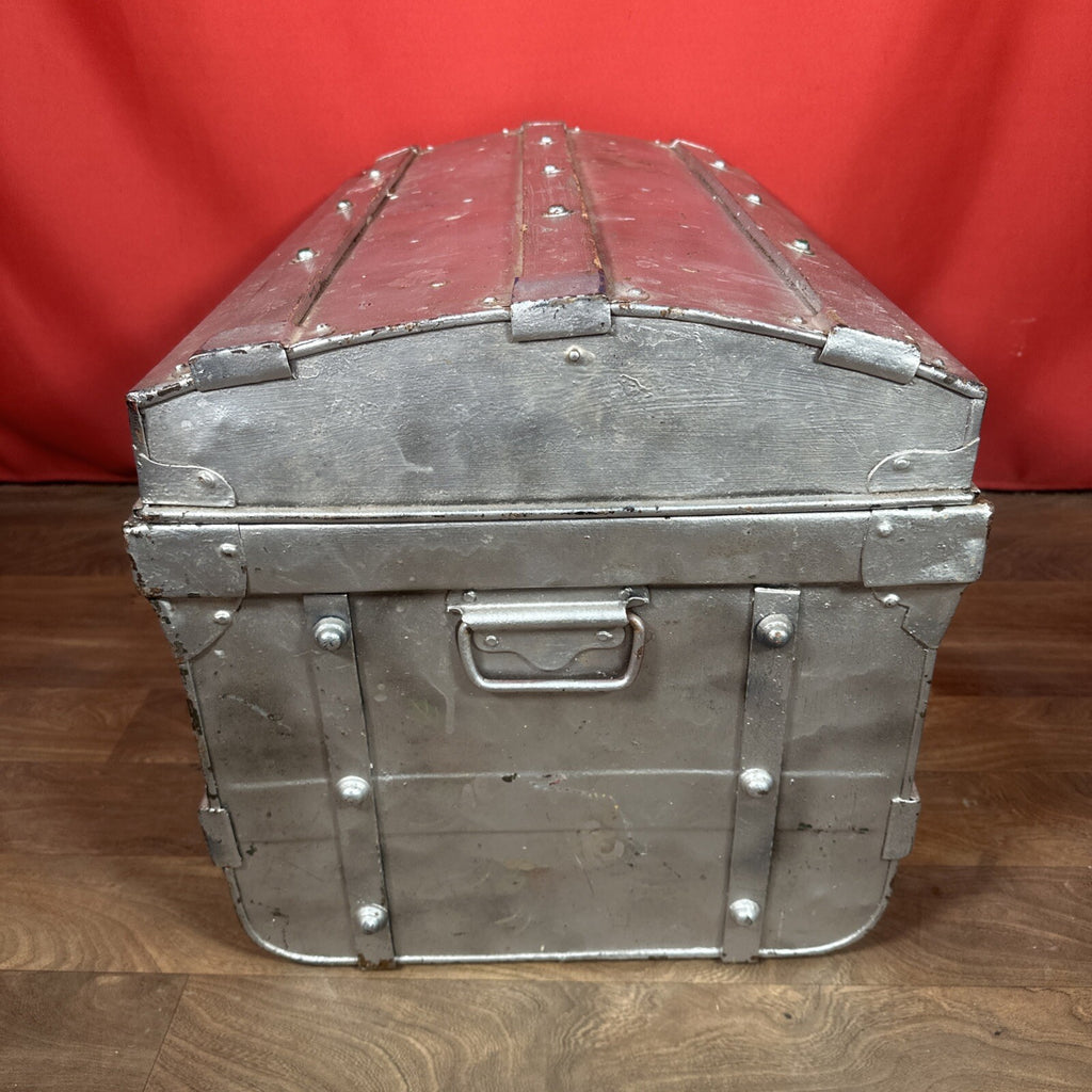 Large Vintage Metal Dome-Top Steamer Trunk - Storage Chest, Stage Prop, One Latch Missing, Used