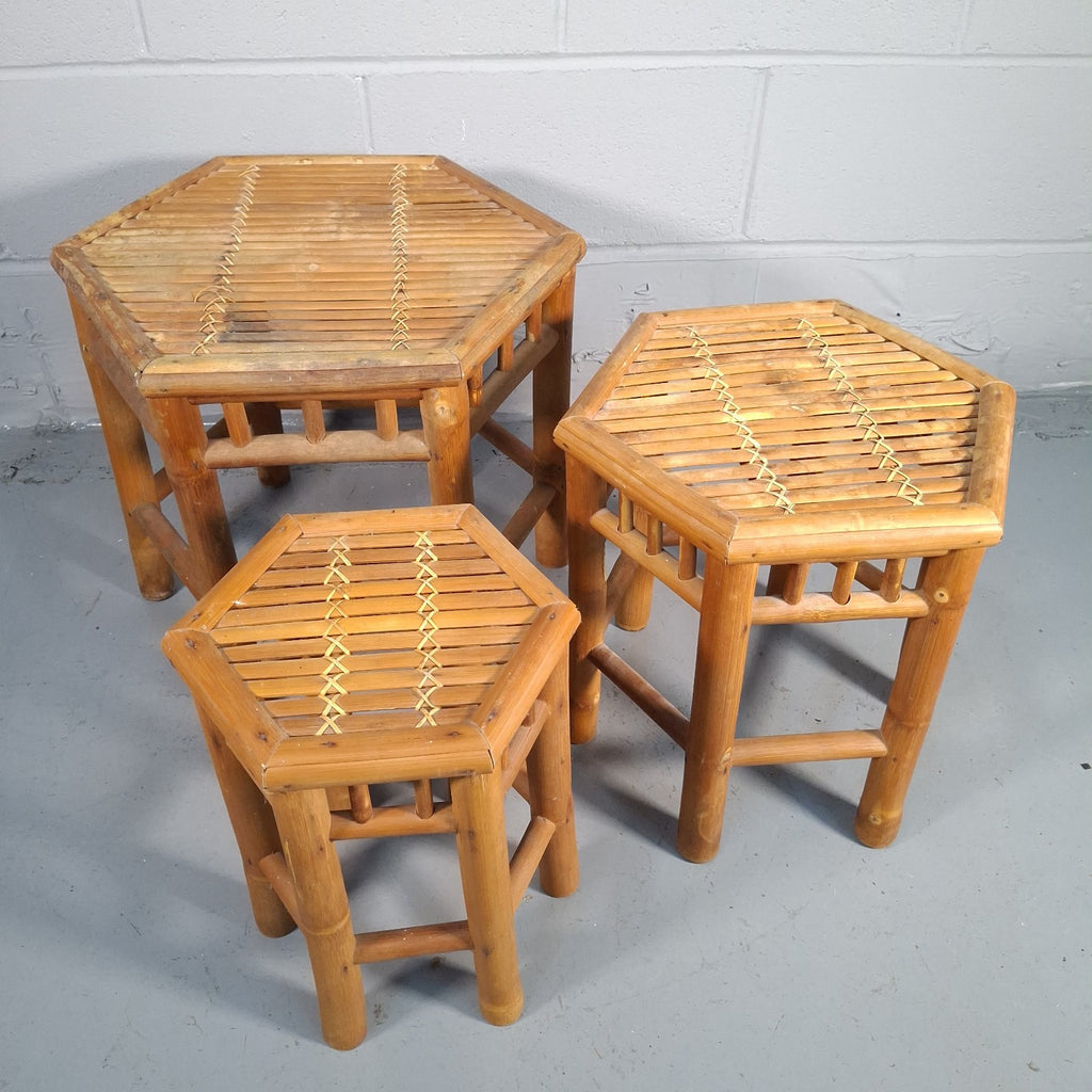 Vintage Hexagonal Rattan & Cane Nest of Tables | Boho Side Tables | Used | 43cm