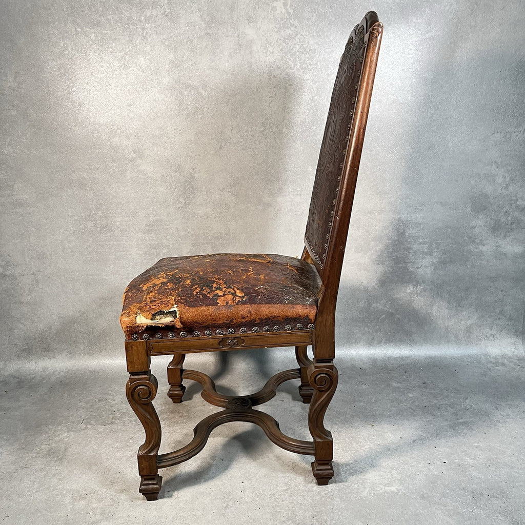 Antique Victorian Renaissance Revival Oak Hall Chair c.1880s Tooled Leather Seat