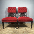 Pair of Antique Carved Nursing Chairs | Black Painted | Red Upholstery | Castors