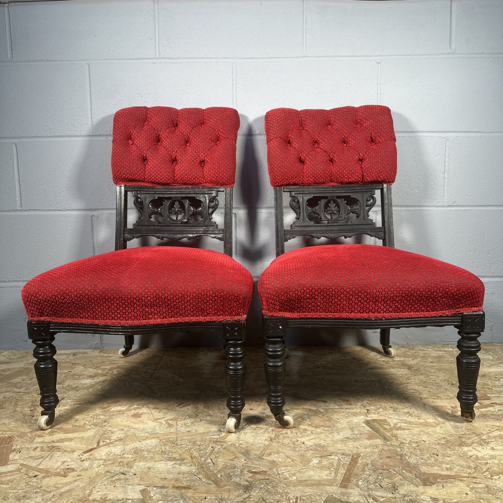 Pair of Antique Carved Nursing Chairs | Black Painted | Red Upholstery | Castors