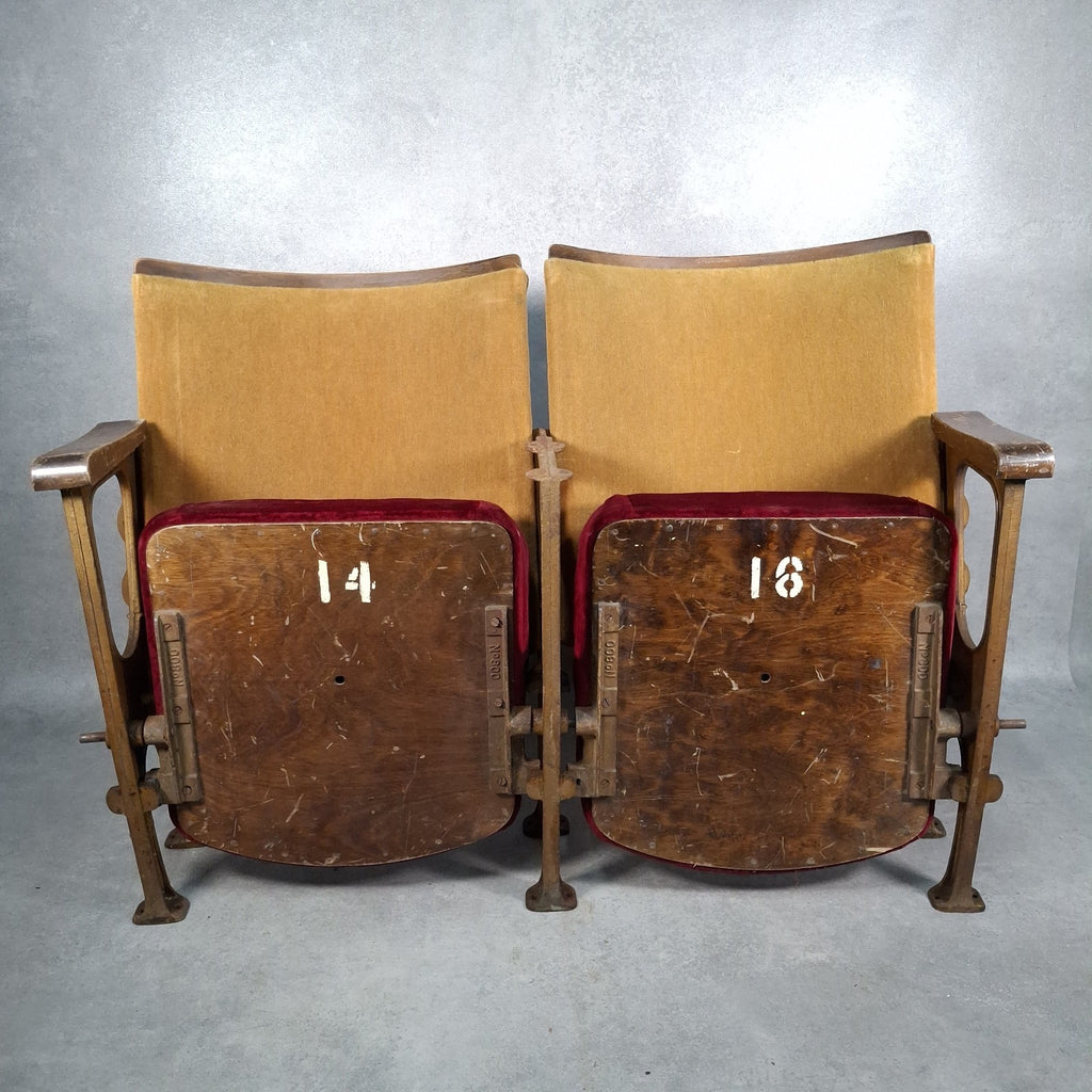 Vintage Art Deco Cinema Theatre Seats | Row of 2 Fold-Up Chairs | Red Fabric | Missing Armrest | Used
