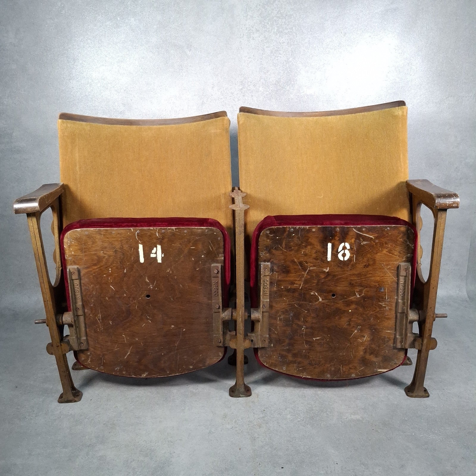 Vintage Art Deco Cinema Theatre Seats | Row of 2 Fold-Up Chairs | Red Fabric | Missing Armrest | Used