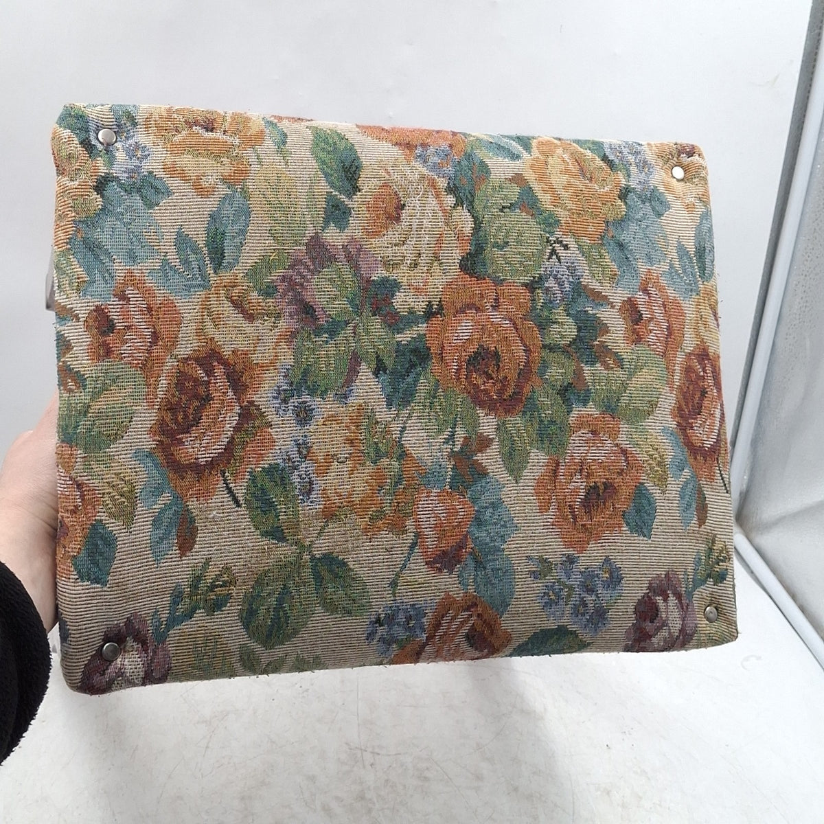 Floral Tapestry Upholstered Mahogany Footstool - Queen Anne Style - Cabriole Legs - Vintage - Pre-Owned