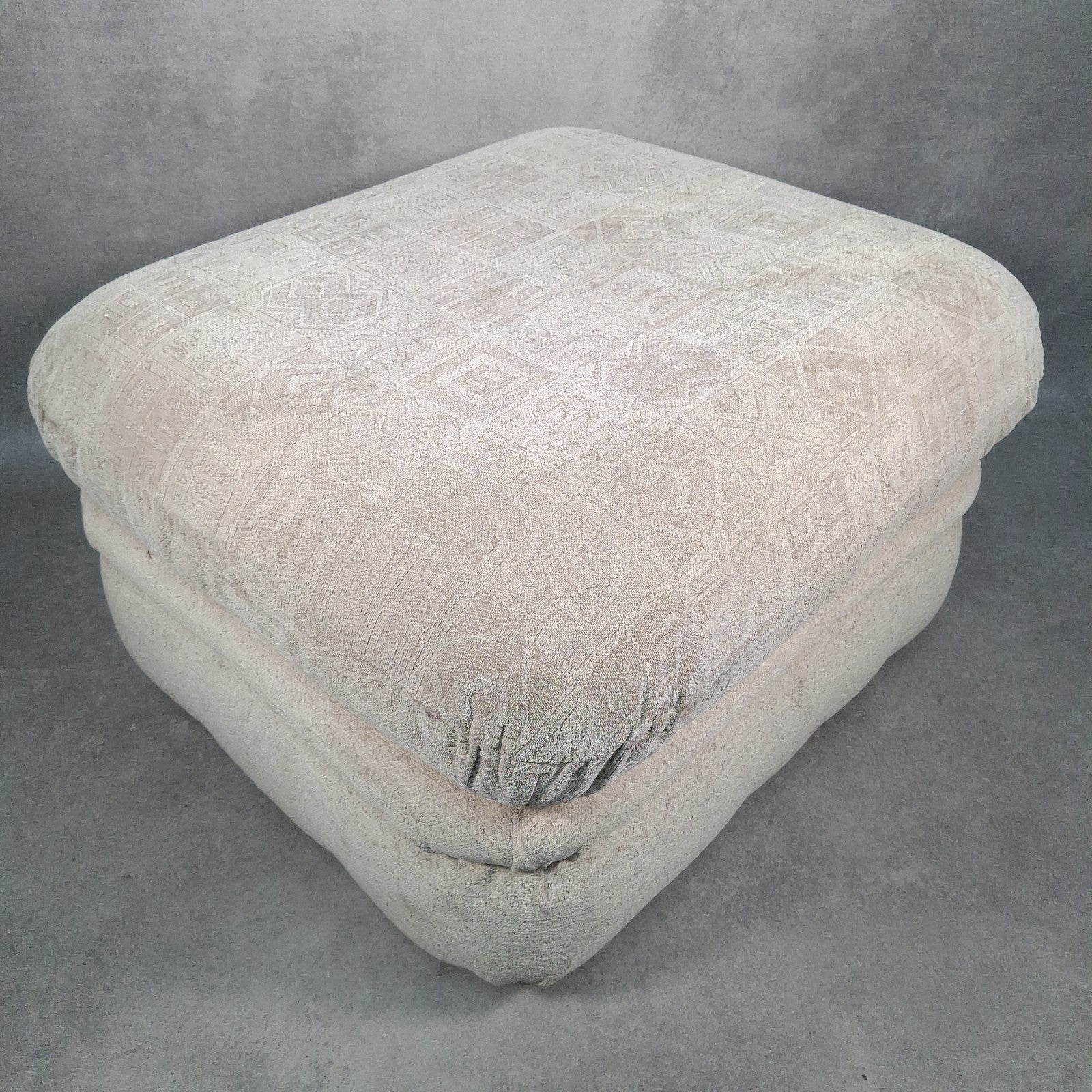 Footstool Pouffe Ottoman Geometric Pattern Fabric 80s 90s Upholstered VTG Beige