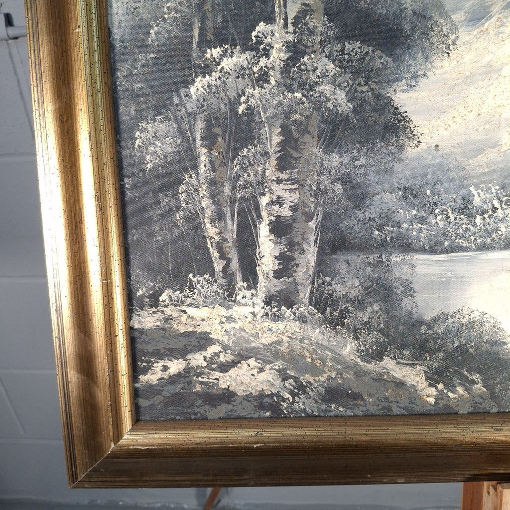 Painting Moody Winter Landscape Woodland Mountain Oil On Canvas Signed Louise
