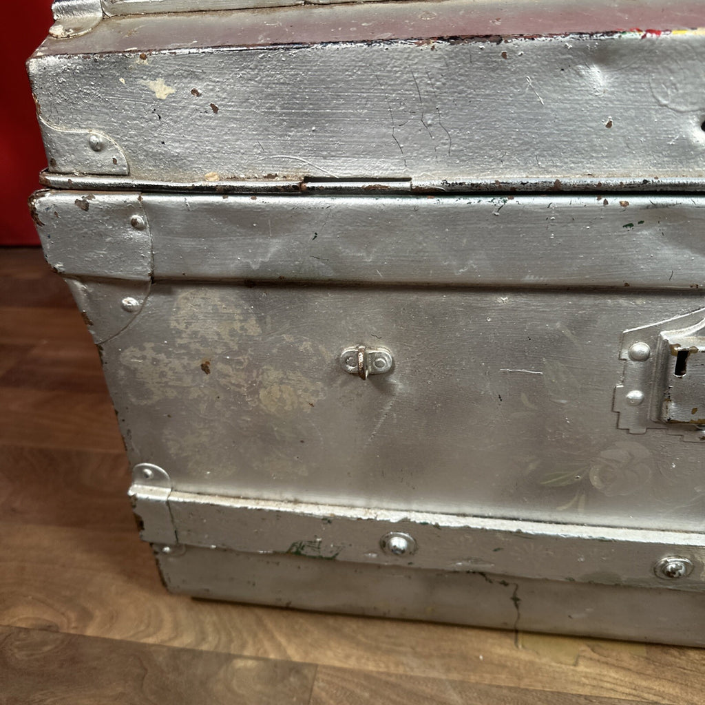 Large Vintage Metal Dome-Top Steamer Trunk - Storage Chest, Stage Prop, One Latch Missing, Used