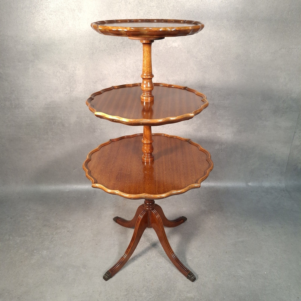 Vintage Reproduction Dumb Waiter Tiered Occasional Table | Solid Wood | Brass Lion Paw Feet | Used