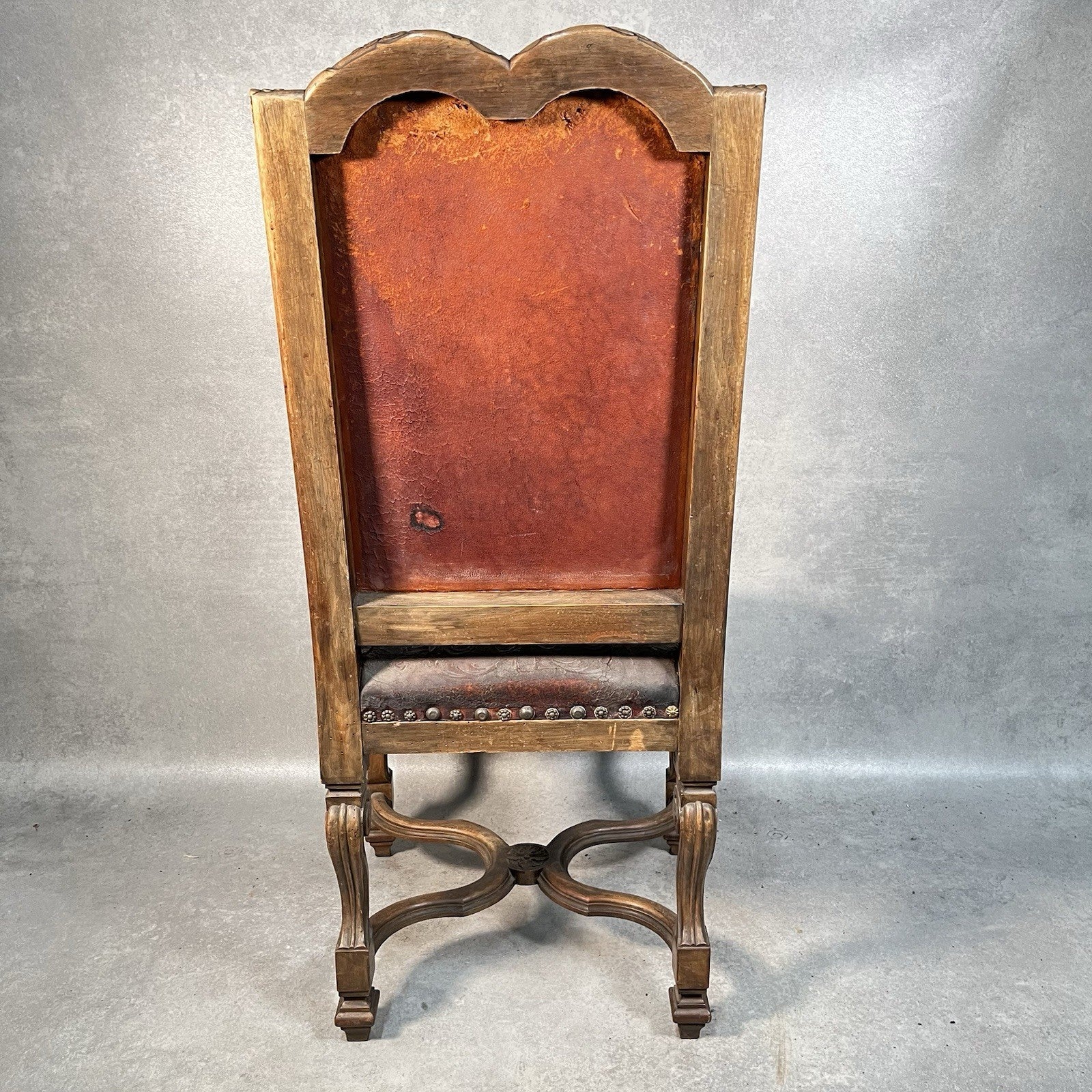 Antique Victorian Renaissance Revival Oak Hall Chair | Tooled Leather Seat & Back | c.1880s | Used