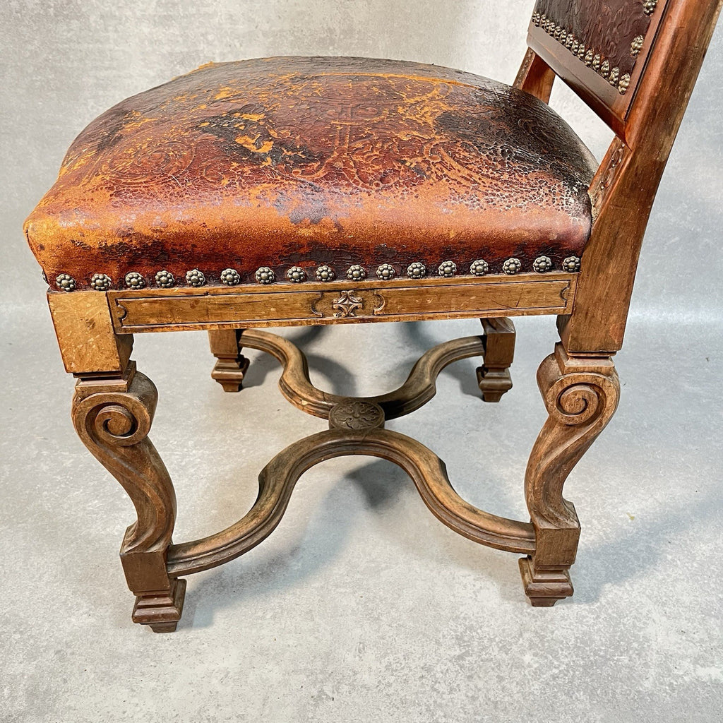 Antique Victorian Renaissance Revival Oak Hall Chair c.1880s Tooled Leather Seat