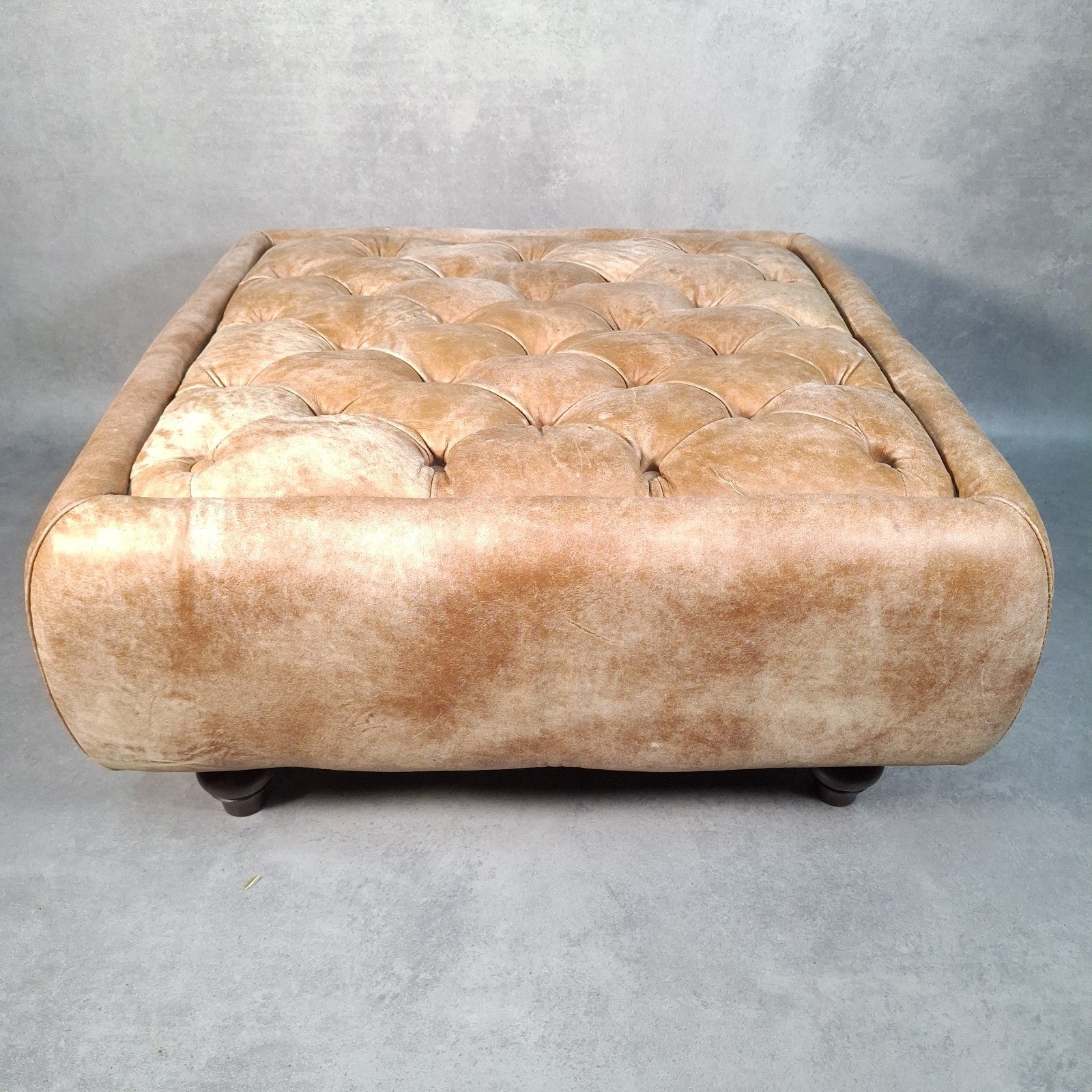 Large Square Tan Leather Chesterfield-Style Footstool | Button Top | Rustic | Used | 72cm